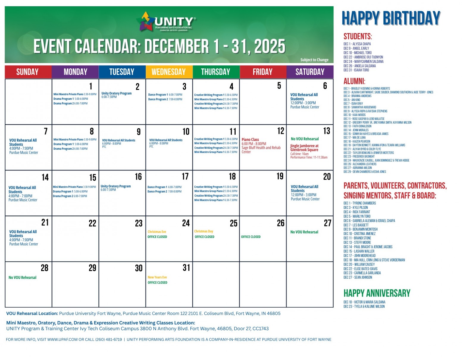 December 2025 - Unity Monthly Calendars V5