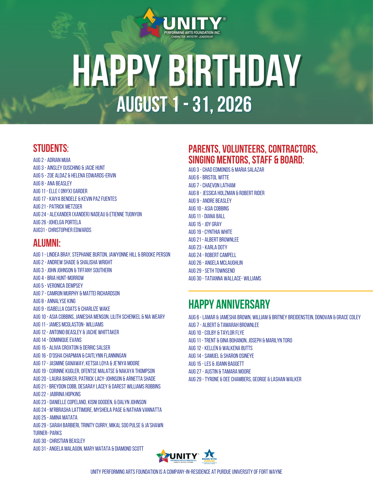 August 2026 - Unity Monthly Calendars - List V1